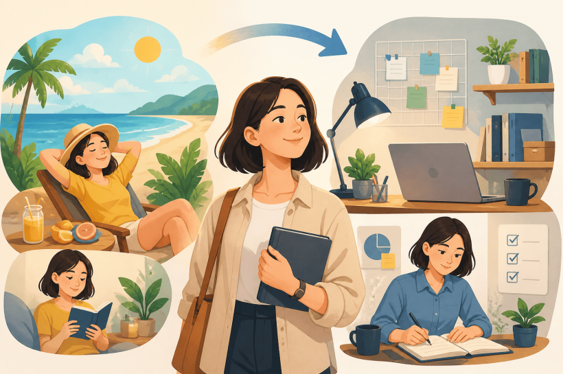 Ilustrasi liburan dan kembali kerja