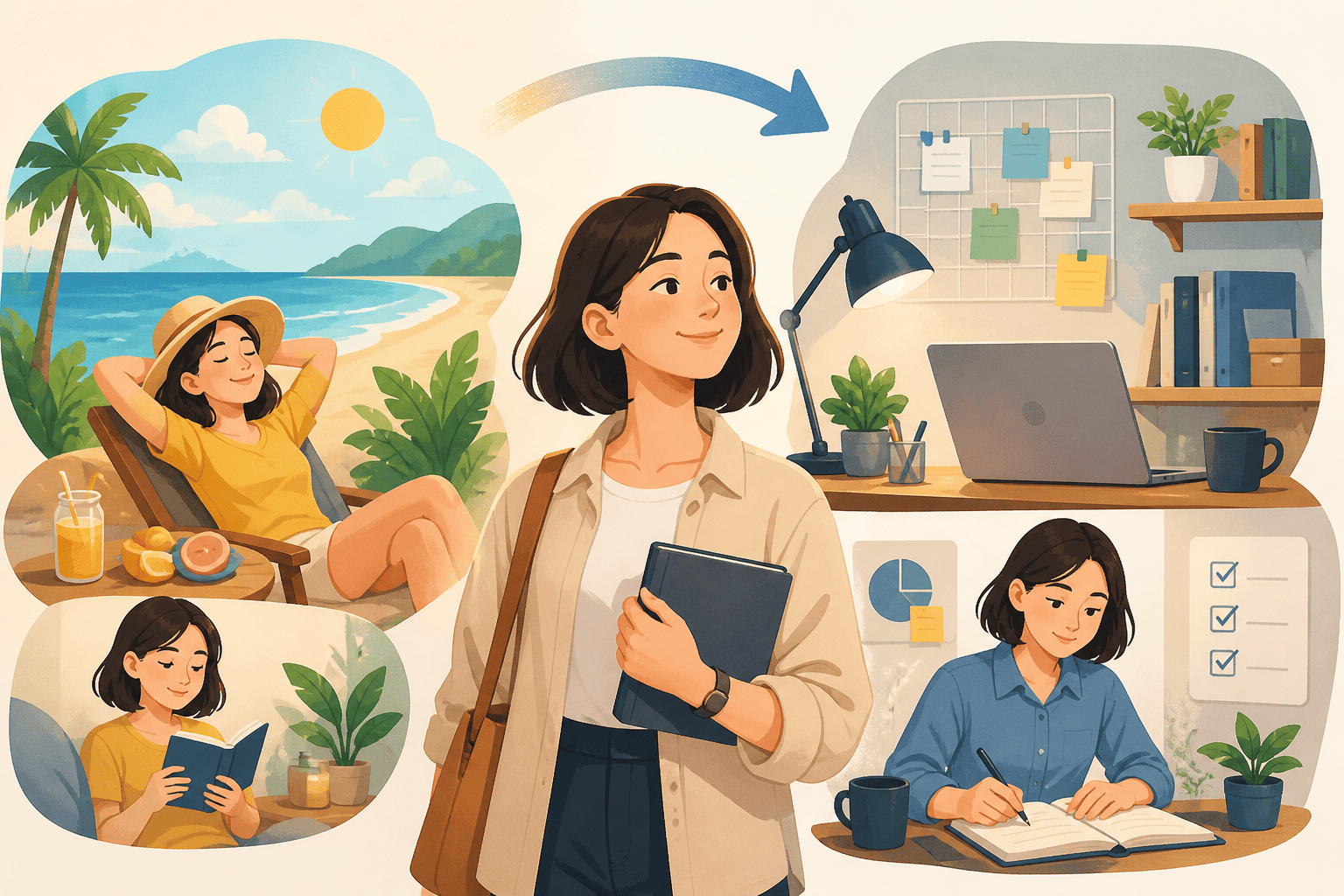 Ilustrasi liburan dan kembali kerja
